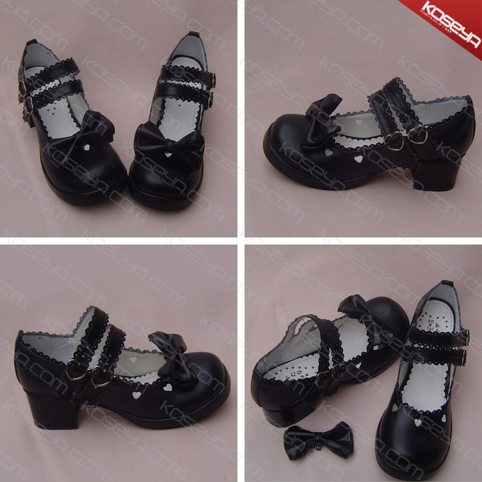 ゴスロリ靴 ダブルアンクルストラップ·リボン·ブラック·ホワイト:KOSEYA.COM・通販
