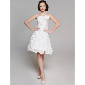 Elegant White A-line strapless Satin Flower Short Wedding Dress