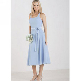 Elegant Light Blue Tea Length Sash Chiffon Dress