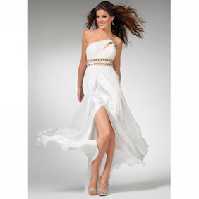 Elegant White  One-Shoulder Sash Floor Length Chiffon Satin Evening Dress