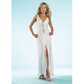 Gorgeous White Sheath Deep-V-neck Floor Length  Satin Dress