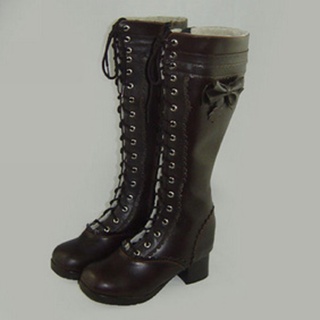 Pretty Coffee 1.8'' High Heel Ribbon Belt PU Leather Rubber Sole Lolita Long Boots