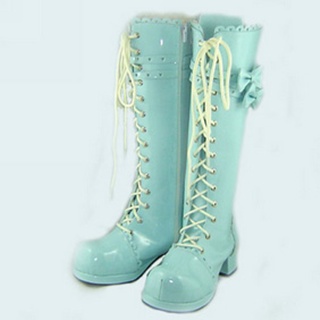 Amazing Blue 1.8''High Heel Ribbon Belt PU Leather Rubber Sole Lolita Long Boots