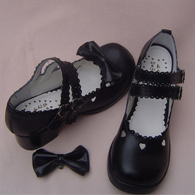 ゴスロリ靴　ダブルアンクルストラップ·リボン·ブラック·ホワイト
