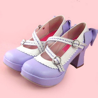 可愛い 紫とホワイト 7.5cm 蝶結び   ロリィタ/ロリータ靴