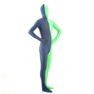 通気 柔らかい グレー＋グリーン ツートンカラー ライクラ 全身タイツ 仮装 コスチューム