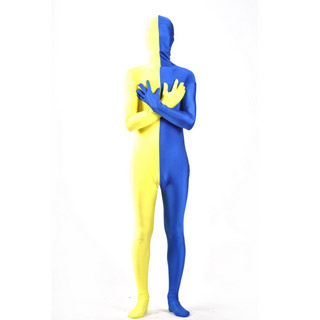 通気 柔らかい 黄色＋ブルー ツートンカラー ライクラ 全身タイツ 仮装 コスチューム