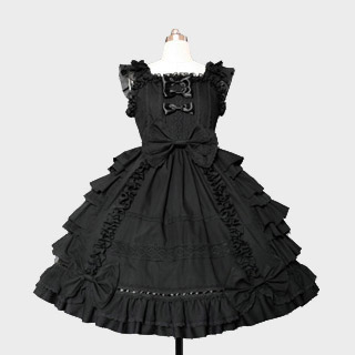 リボンプリーツドレス 黒/白 ジャンパースカート　ゴシック服 ドレス　ロリータワンピース
